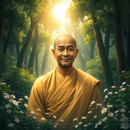 A beautiful depiction of Sariputhra Maha Rahathan Wahanse emerging from the center of a serene forest, surrounded by lush greenery and delicate flowers