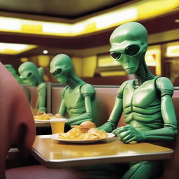 Nearly humanlike extraterrestrial beings dining in McDonald's, their alien origins subtly hinted by a few minor telltale features.