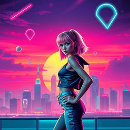 A captivating synthwave movie poster featuring a stylish girl with bright, neon-colored hair and futuristic fashion standing confidently in front of a retro city skyline