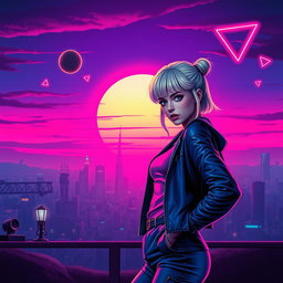 A captivating synthwave movie poster featuring a stylish girl with bright, neon-colored hair and futuristic fashion standing confidently in front of a retro city skyline