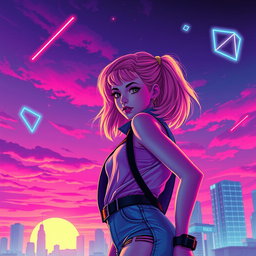A captivating synthwave movie poster featuring a stylish girl with bright, neon-colored hair and futuristic fashion standing confidently in front of a retro city skyline