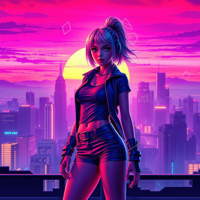 A captivating synthwave movie poster featuring a stylish girl with bright, neon-colored hair and futuristic fashion standing confidently in front of a retro city skyline