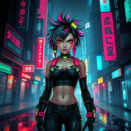 A striking cyberpunk movie poster featuring a fierce girl with vibrant, multicolored hair styled in an edgy fashion, standing boldly in the foreground