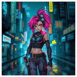 A striking cyberpunk movie poster featuring a fierce girl with vibrant, multicolored hair styled in an edgy fashion, standing boldly in the foreground