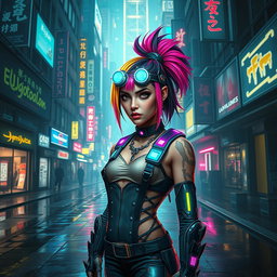 A striking cyberpunk movie poster featuring a fierce girl with vibrant, multicolored hair styled in an edgy fashion, standing boldly in the foreground