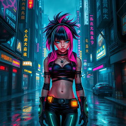 A striking cyberpunk movie poster featuring a fierce girl with vibrant, multicolored hair styled in an edgy fashion, standing boldly in the foreground