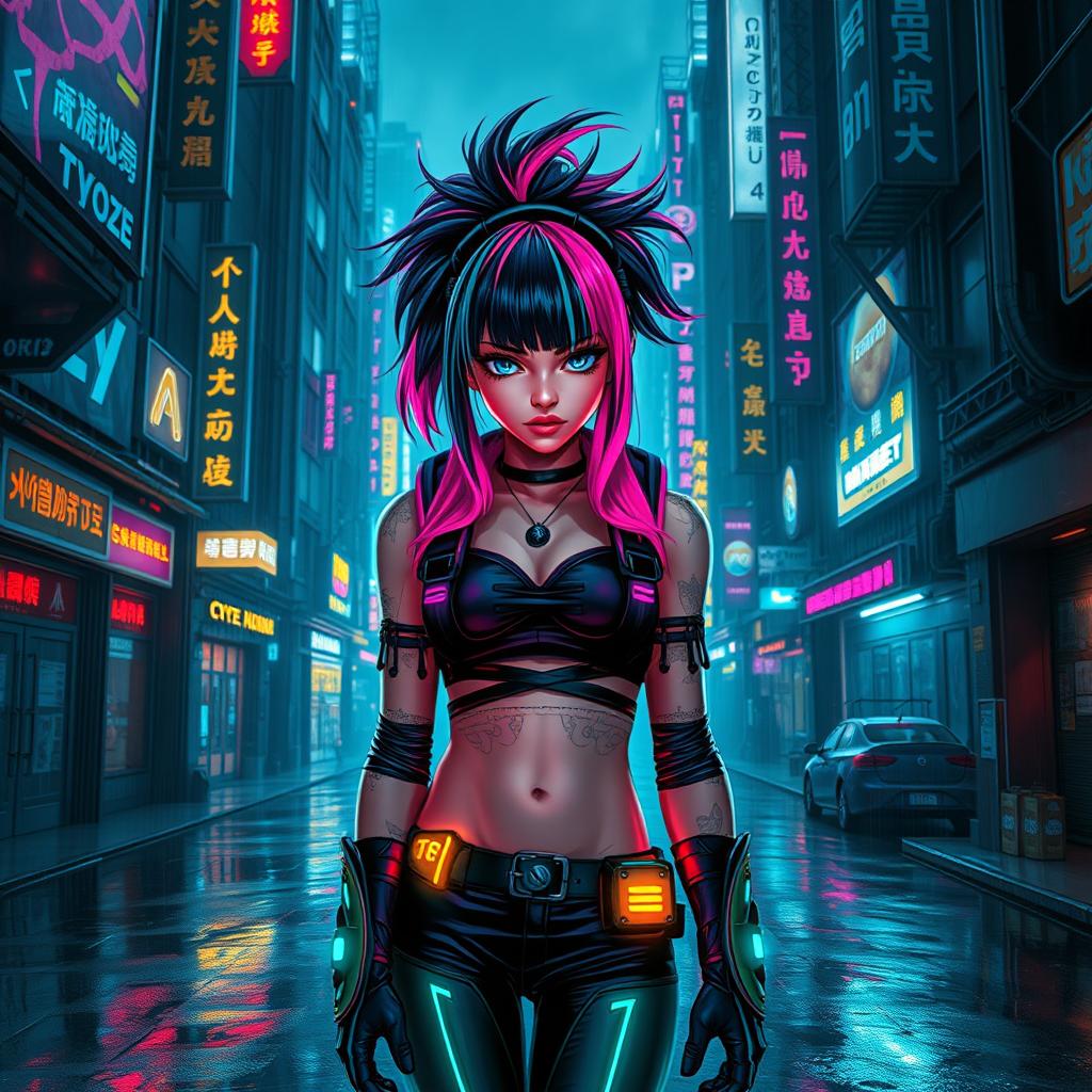 A striking cyberpunk movie poster featuring a fierce girl with vibrant, multicolored hair styled in an edgy fashion, standing boldly in the foreground