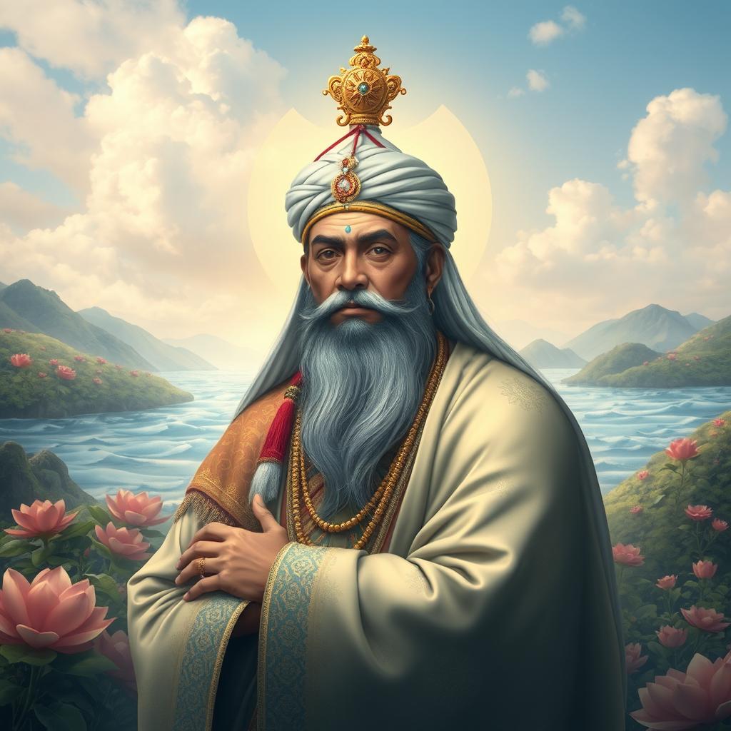 A serene and majestic depiction of the Seawill Mharahathan, a revered figure in a rich historical setting
