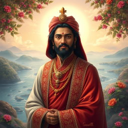 A serene and majestic depiction of the Seawill Mharahathan, a revered figure in a rich historical setting