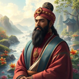 A serene and majestic depiction of the Seawill Mharahathan, a revered figure in a rich historical setting