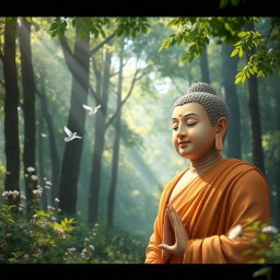 An inspirational and tranquil scene depicting Lord Buddha emerging from a serene forest