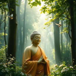 An inspirational and tranquil scene depicting Lord Buddha emerging from a serene forest
