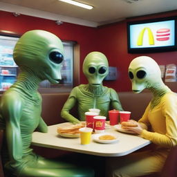 Nearly humanlike extraterrestrial beings dining in McDonald's, their alien origins subtly hinted by a few minor telltale features.