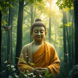 An inspirational and tranquil scene depicting Lord Buddha emerging from a serene forest