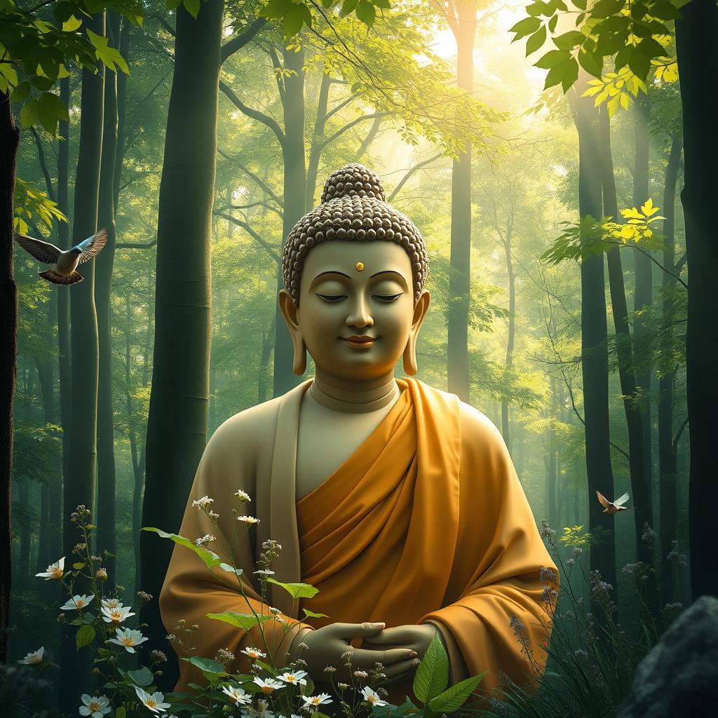 An inspirational and tranquil scene depicting Lord Buddha emerging from a serene forest