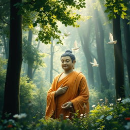 An inspirational and tranquil scene depicting Lord Buddha emerging from a serene forest