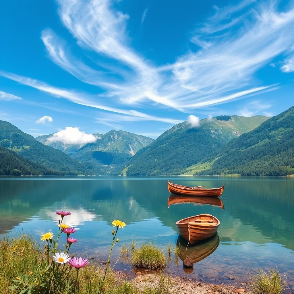 A beautiful and serene landscape depicting a tranquil lake surrounded by lush green mountains under a bright blue sky