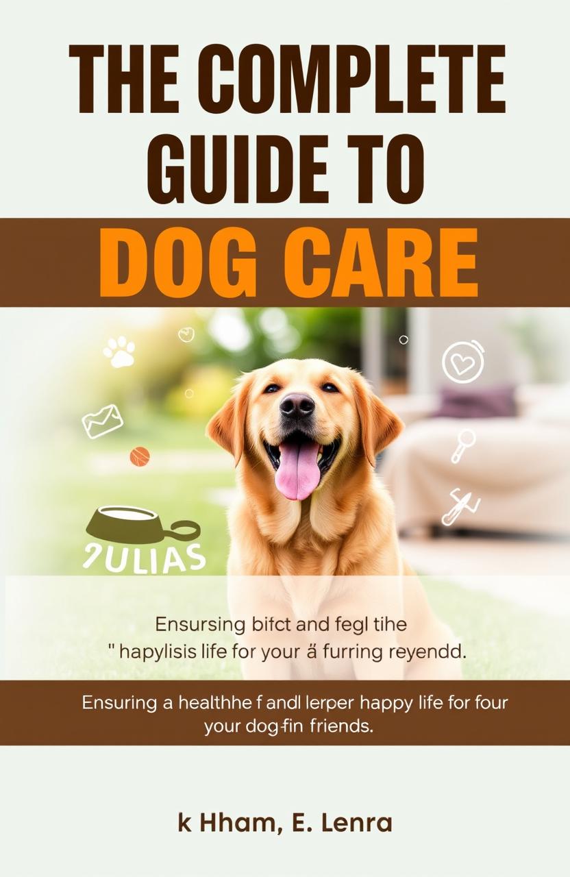 An inviting e-book cover for 'The Complete Guide to Dog Care: Ensuring a Healthy and Happy Life for Your Furry Friend', featuring a joyful Labrador or Golden Retriever in a natural setting such as a grassy park or cozy home