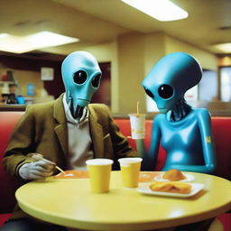 Nearly humanlike extraterrestrial beings dining in McDonald's, their alien origins subtly hinted by a few minor telltale features.