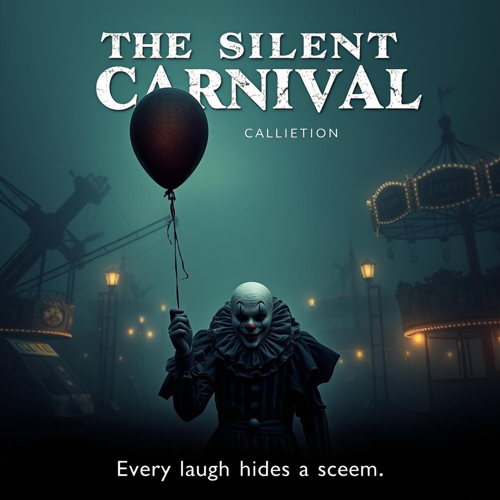 A haunting horror movie poster for "The Silent Carnival" featuring a foggy carnival ground with abandoned and rusting rides silhouetted against the mist