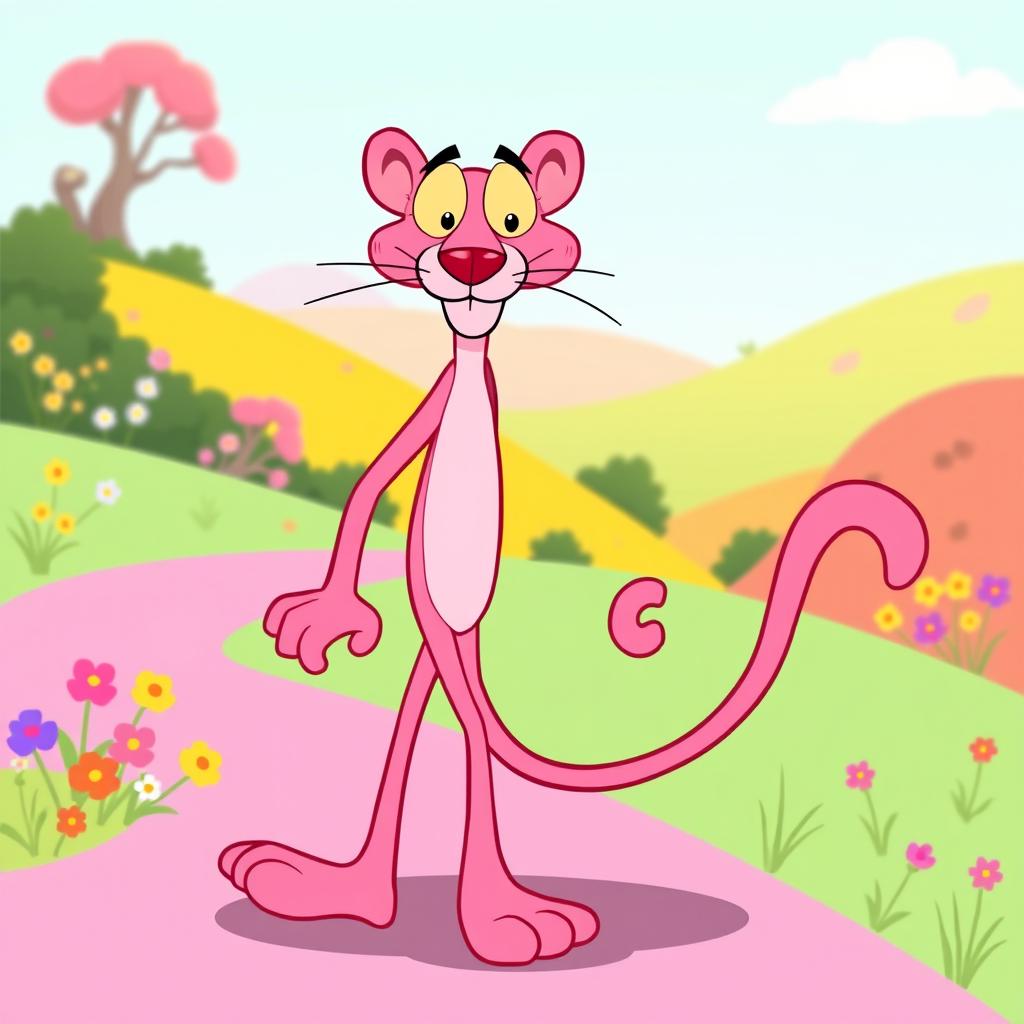 A cartoon-style illustration of the Pink Panther, a sleek and mischievous pink feline character, strolling confidently in a whimsical landscape