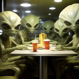 Extraterrestrial beings brilliantly disguised as humans dining in McDonald's, with only the slightest hints of their alien origins.