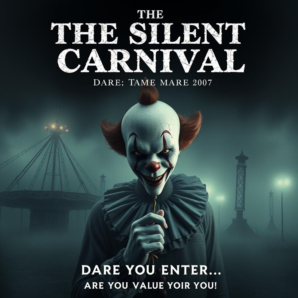 A realistic horror movie poster for "The Silent Carnival," depicting a foggy carnival ground where decaying rides and attractions stand in disrepair, shrouded in dense mist