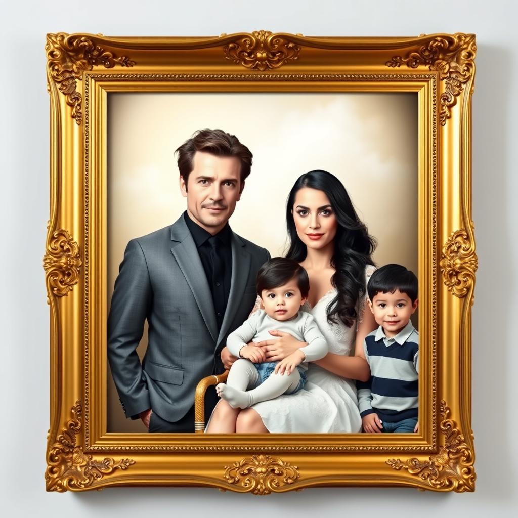 A beautifully framed family portrait within a lavish golden frame, showcasing a prestigious family
