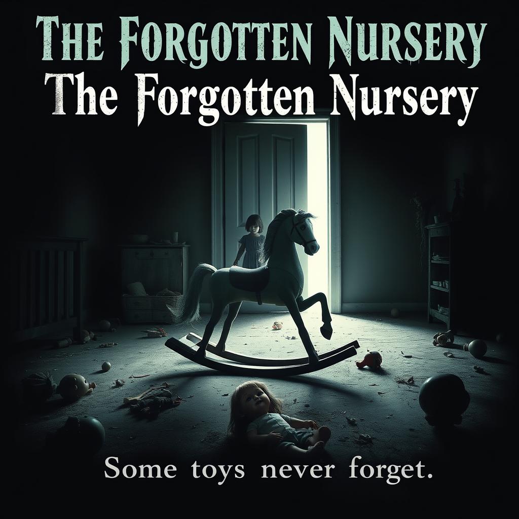 An eerie horror movie poster for "The Forgotten Nursery," showcasing a broken rocking horse at the center of a dusty, dimly-lit nursery