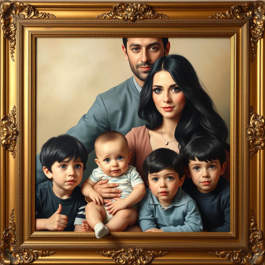 A family portrait painting framed in an ornate golden frame
