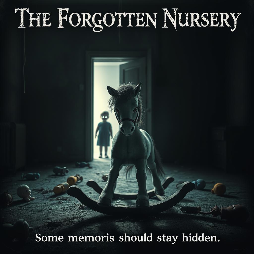 A chilling and realistic horror movie poster for "The Forgotten Nursery," showcasing a broken rocking horse positioned ominously at the center of a dusty, dimly-lit nursery filled with cobwebs