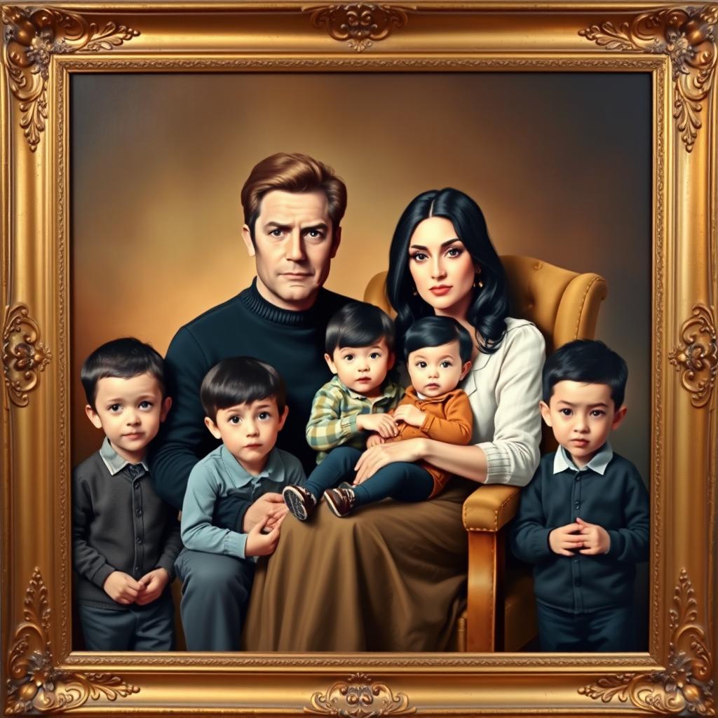 A beautifully detailed painting within an ornate golden frame, showcasing a family portrait