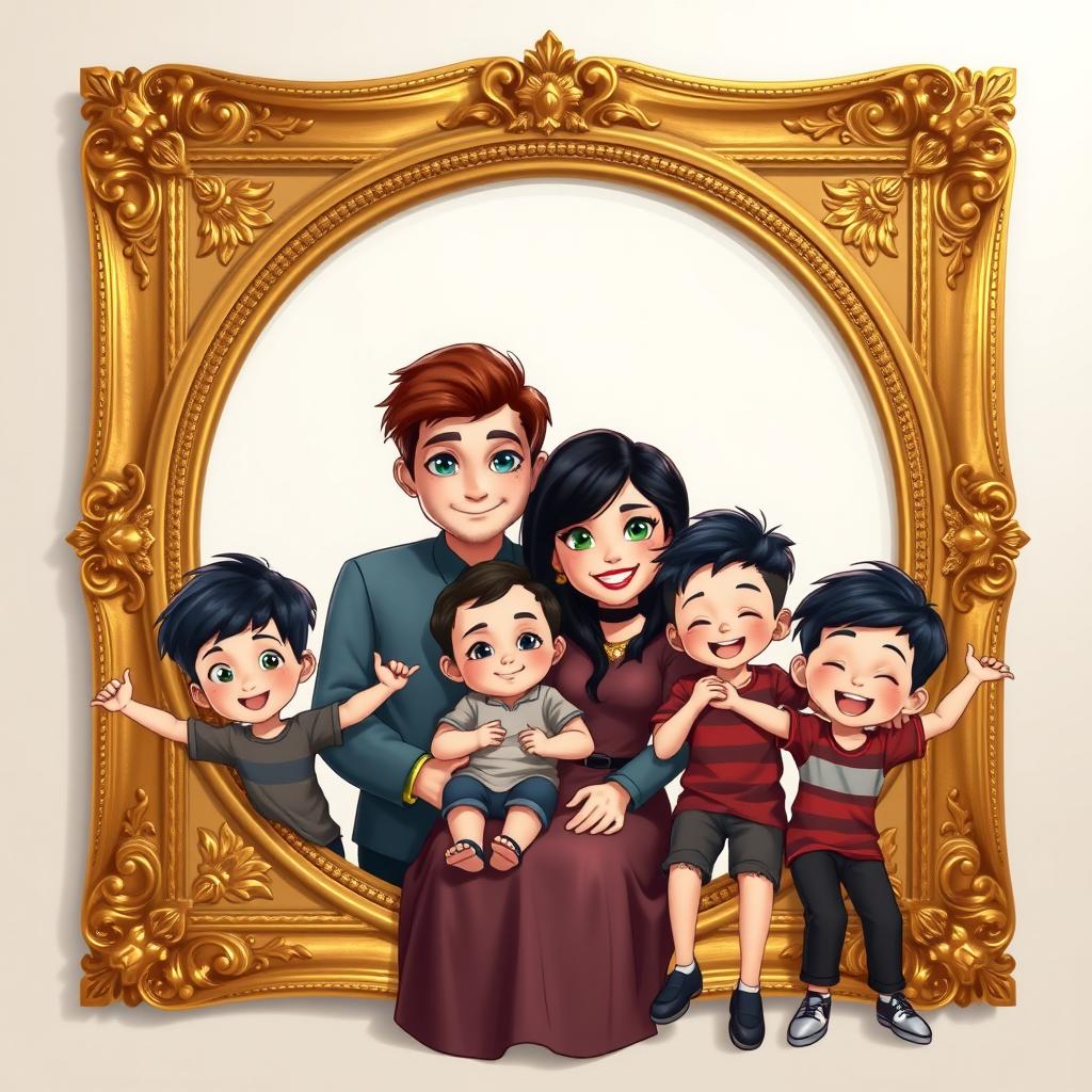 A beautiful family portrait set within an ornate golden frame