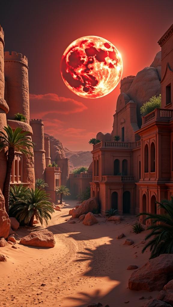 A hyper-realistic depiction of a desert cityscape featuring ancient architecture under a dramatic blood moon