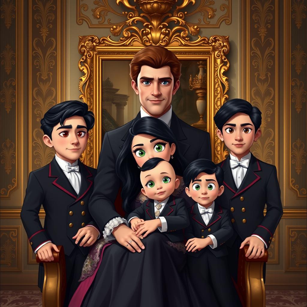 A regal family portrait set in a grand room with opulent wall decor, displaying a detailed painting in a golden frame