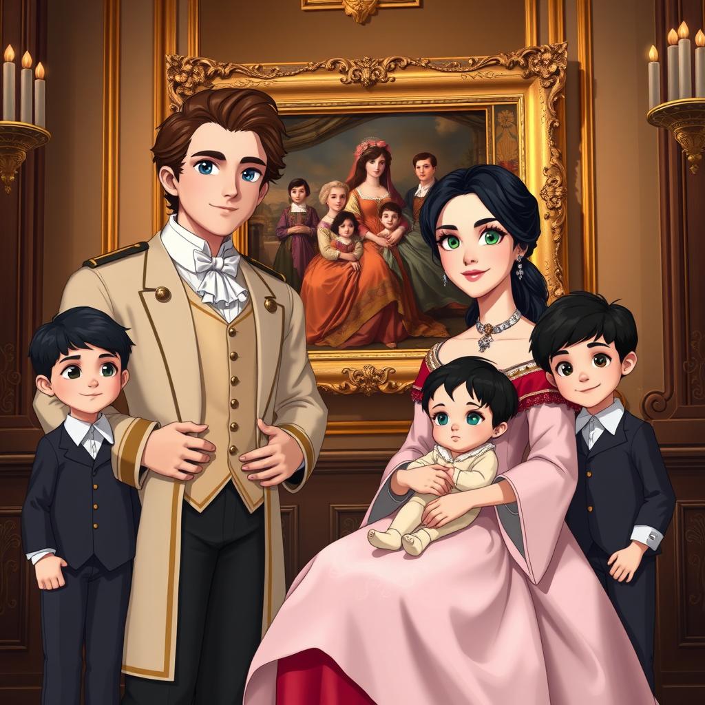 A royal family portrait set in a luxurious historical context