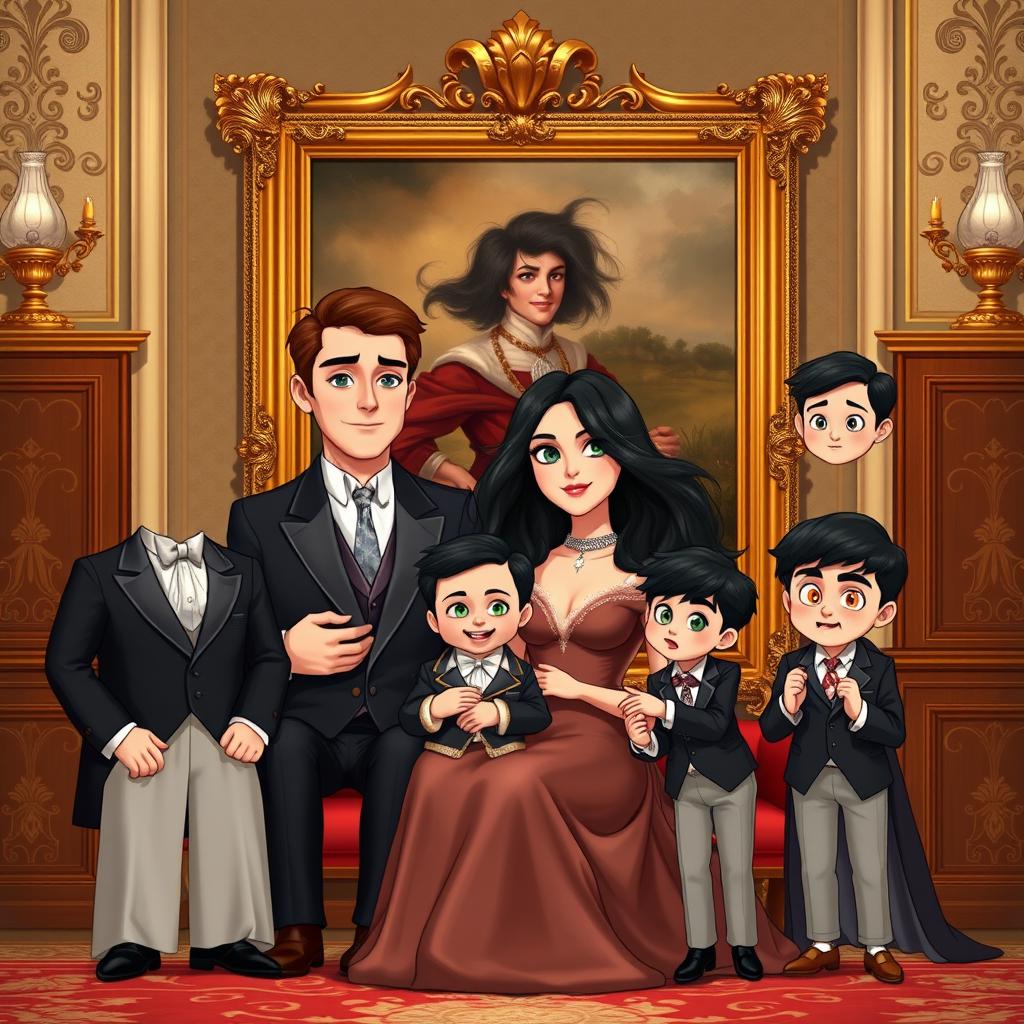 A regal family portrait set in an opulent room, featuring a prestigious family dressed in elegant suits and gowns