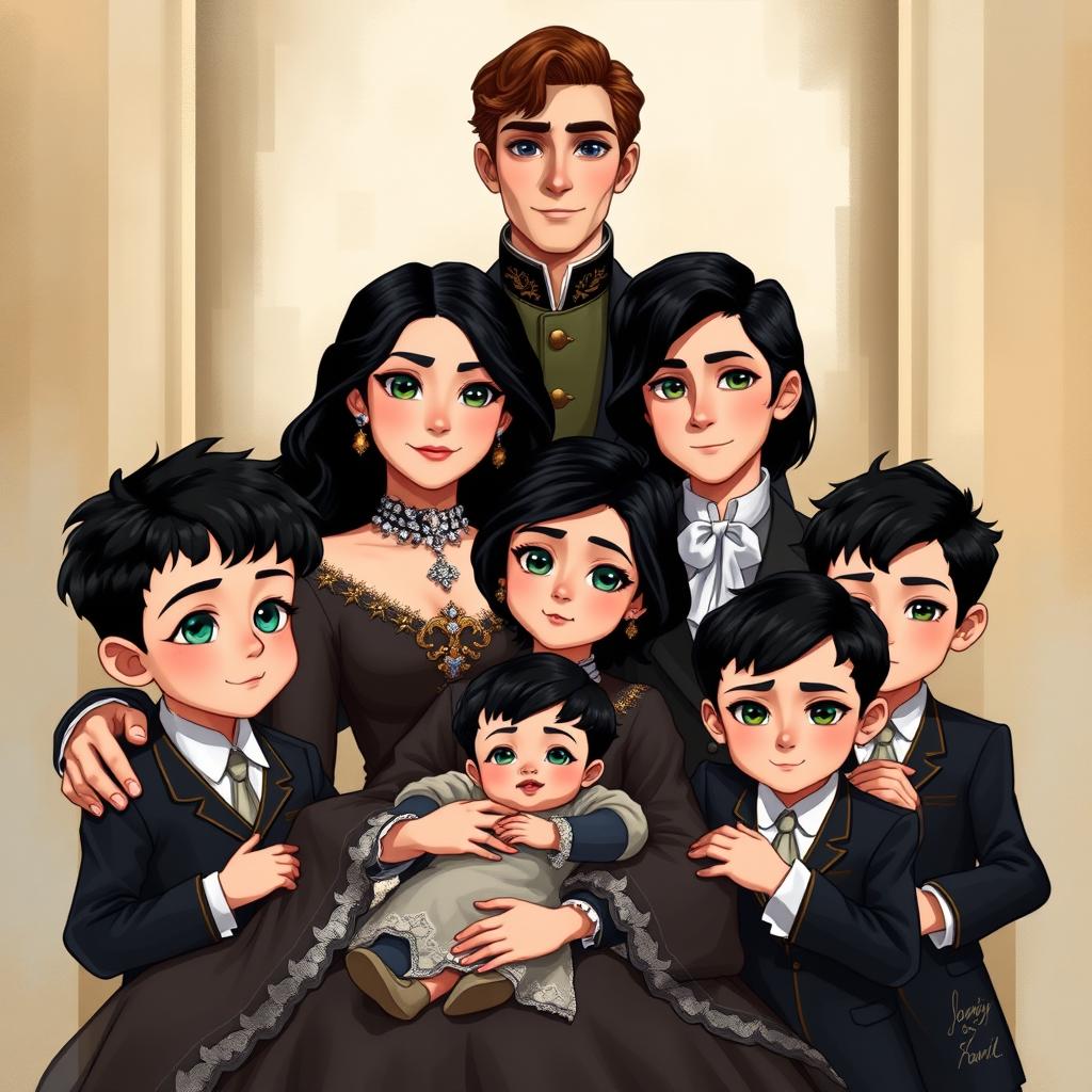 A royal family portrait set in a historical context, featuring the head of the prestigious family, a man with brown hair and silver grey eyes, standing majestically