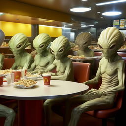 Extraterrestrial beings brilliantly disguised as humans dining in McDonald's, with only the slightest hints of their alien origins.