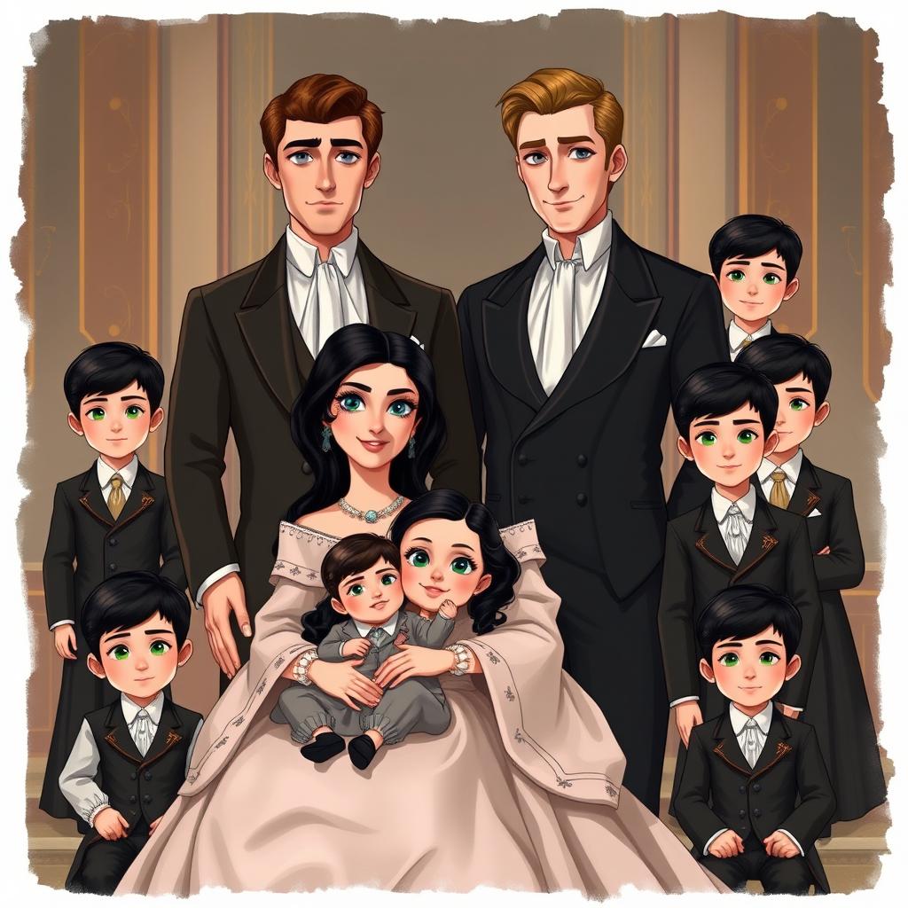 A historical family portrait featuring a prestigious royal family in elegant suits and gowns