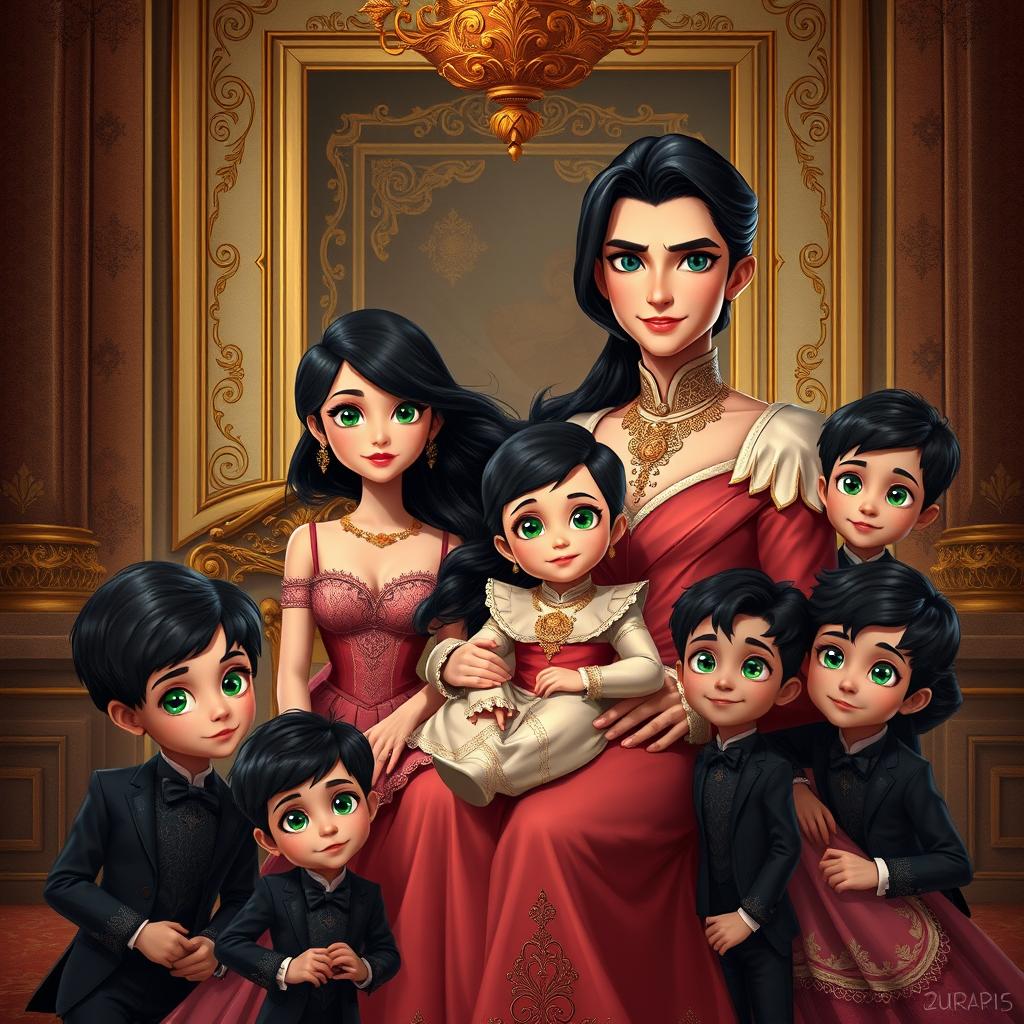 In a luxurious, historical setting portraying a prestigious family scene, a man with brown hair and striking silver-grey eyes stands confidently, dressed in an elegant suit that radiates royal prestige
