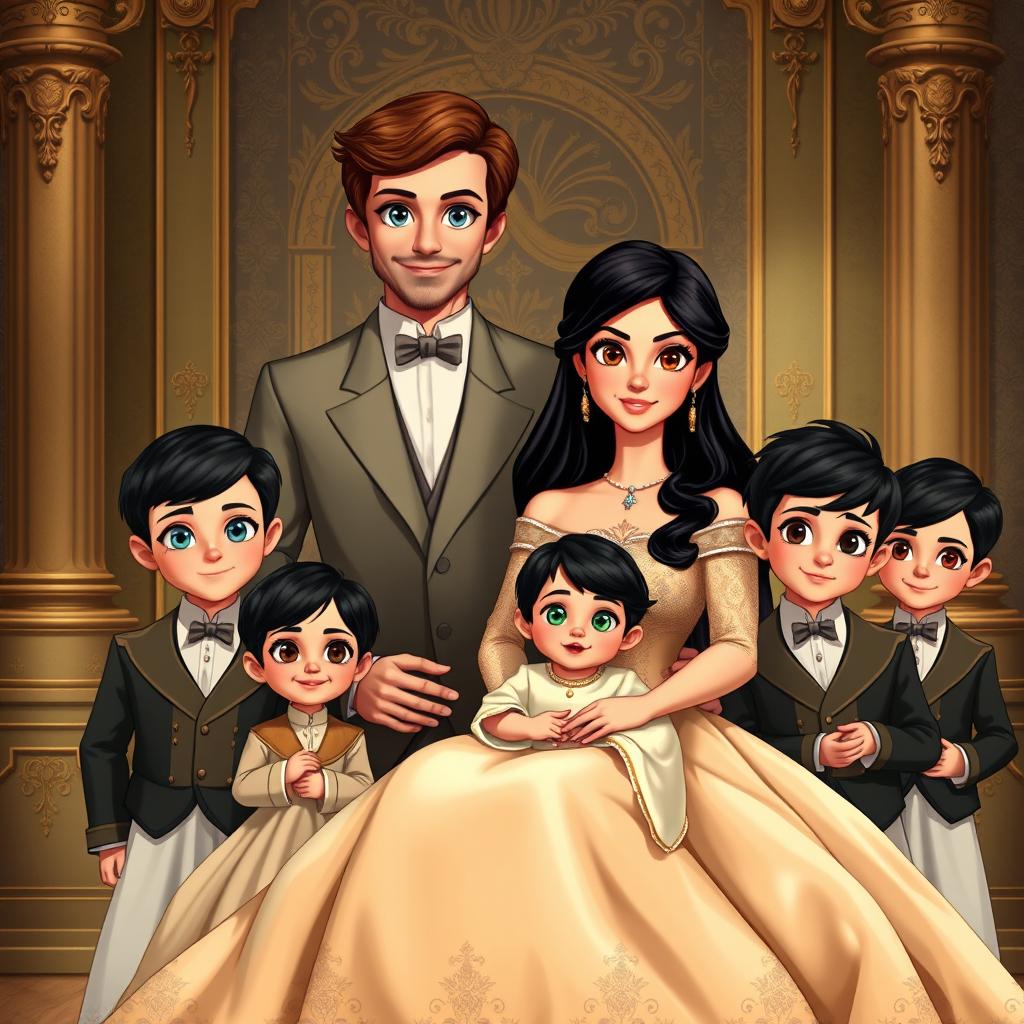 A majestic royal family portrait set in a luxurious historical context