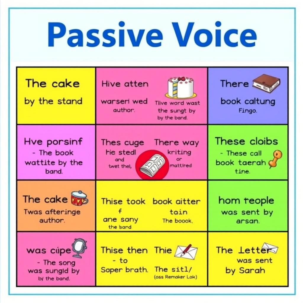 A colorful and engaging bingo card for learning the passive voice in English