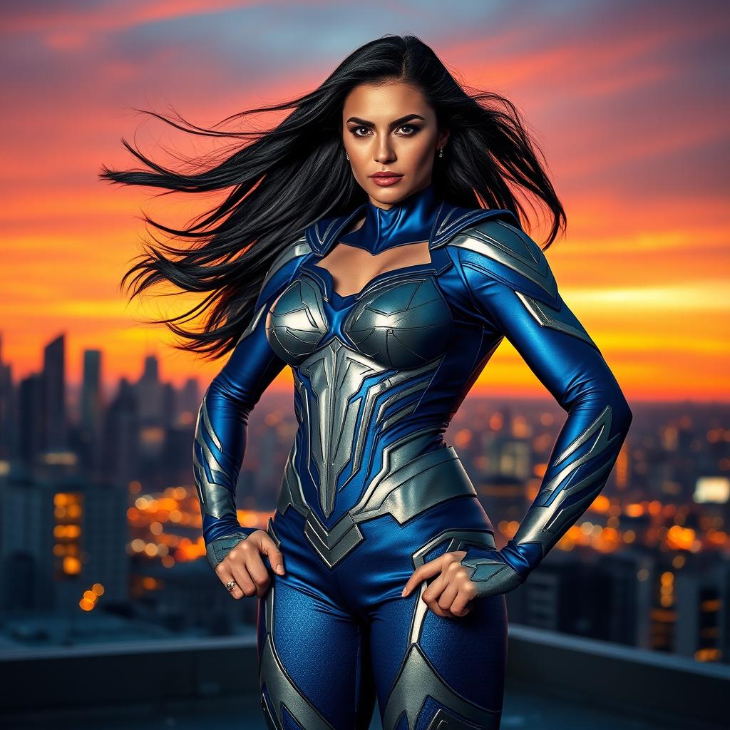 A stunning portrait of a powerful female superhero standing on a rooftop at sunset, showcasing her vibrant blue and silver costume adorned with intricate designs