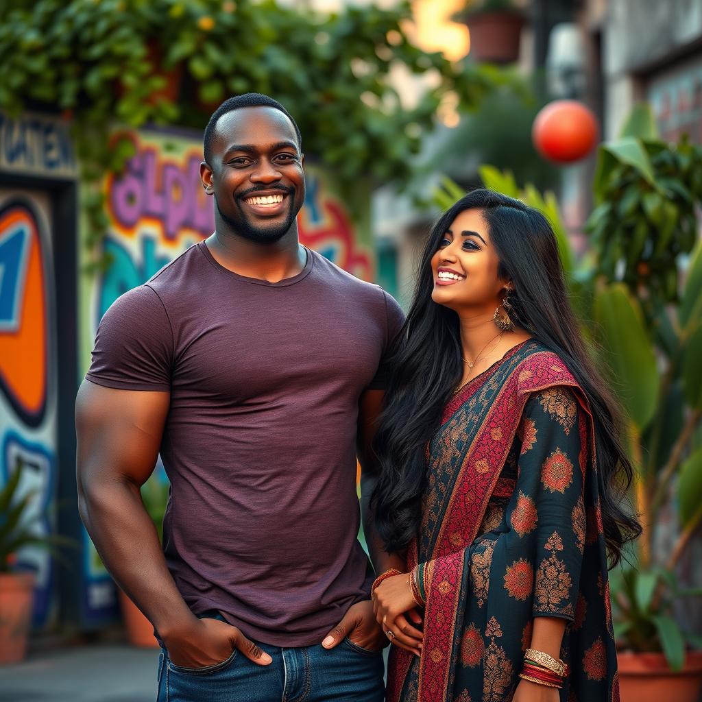 A striking scene featuring a strong, muscular black man with a confident expression, standing beside a beautiful Indian girl with long black hair and warm brown skin, both smiling and engaging in a playful conversation