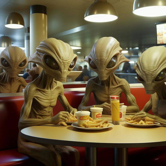 Extraterrestrial beings brilliantly disguised as humans dining in McDonald's, with only the slightest hints of their alien origins.