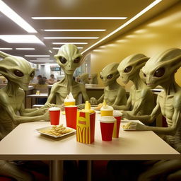 Extraterrestrial beings brilliantly disguised as humans dining in McDonald's, with only the slightest hints of their alien origins.