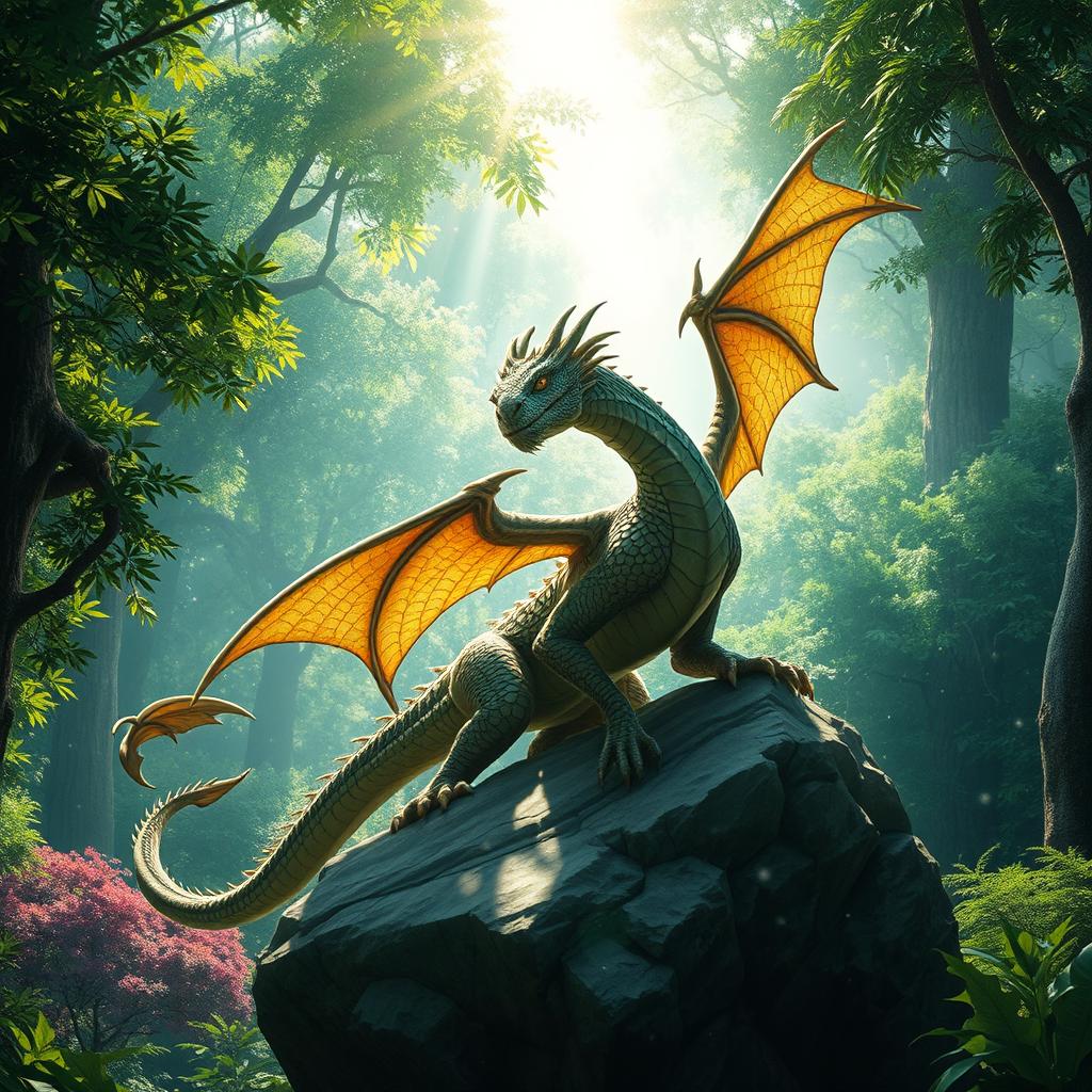 A majestic and powerful adult forest dragon perched atop a rocky outcropping in a vibrant, enchanted forest