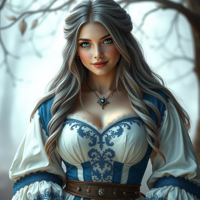 A busty, delicate European cleric healer girl with a kind demeanor