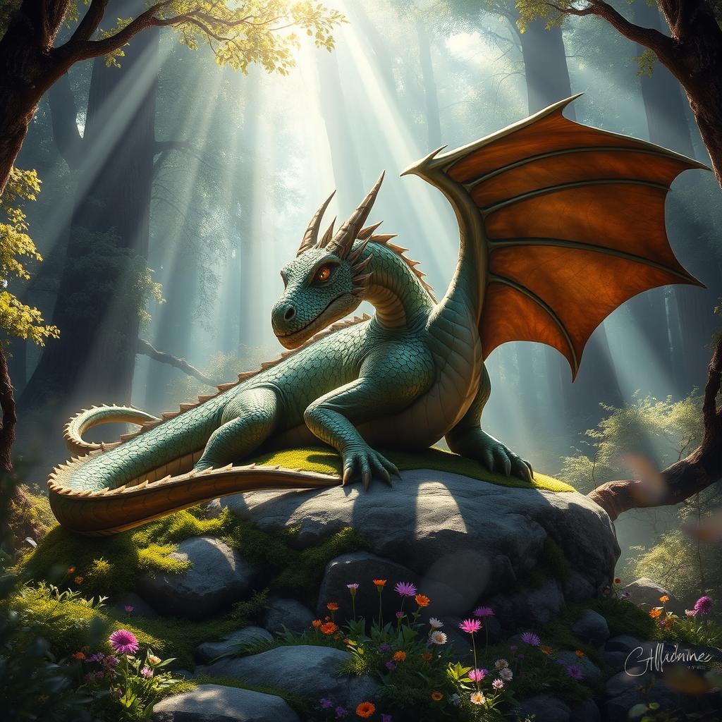 A majestic adult forest dragon resting on a moss-covered boulder deep within an enchanted forest